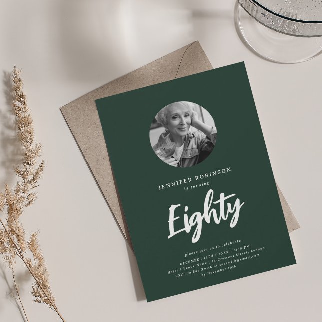 Convites 80 de Foto de Script Mínimo Birthday Emerald Green (Minimal Script Photo 80th Birthday Emerald Green Invitation)