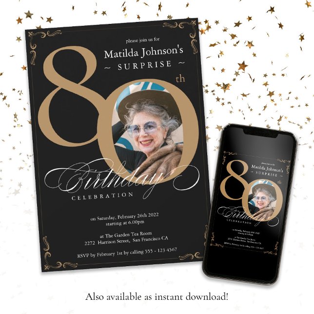 Convites 80 de Surpresa Dourada Elegante Negra (Surprise 80th Black Gold Elegant Photo Birthday Invitation)