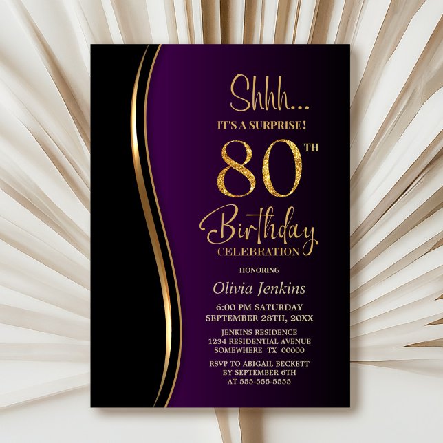 Convites 80 de Surpresa Dourada Roxa Negra Aniversário (Criador carregado)