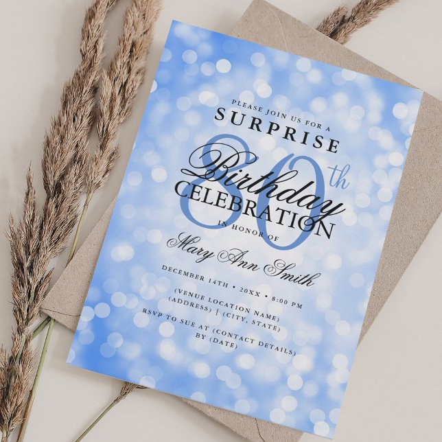 Convites 80 de SURPRESA Elegante Luzes Azuis de Marinho de  (Elegant SURPRISE 80th Birthday Navy Blue Lights Invitation)