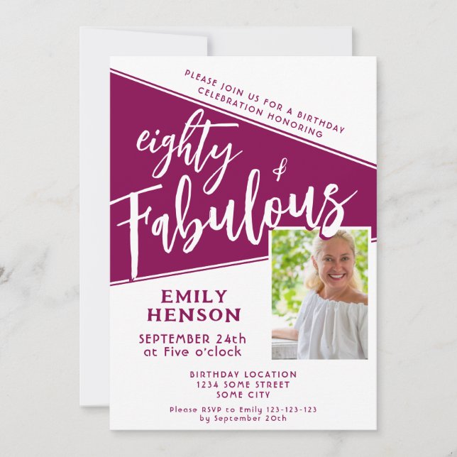 Convites 80 e Fabuloso 80 de Foto Magenta com Script Aniver (Frente)