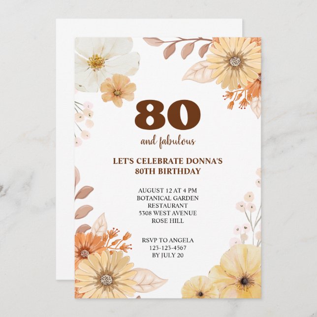 Convites 80 festa de aniversário com flores elegantes convi (Frente/Verso)