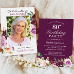 Convites 80 Festa de aniversário Plum Purple Blush Foto Flo<br><div class="desc">Convite de aniversário de Foto Floral Plum Purple Blush. Para mais personalização,  clique no link "personalizar mais" e use nossa ferramenta design para modificar esse modelo. Se precisar de ajuda ou itens correspondentes,  entre em contato comigo.</div>