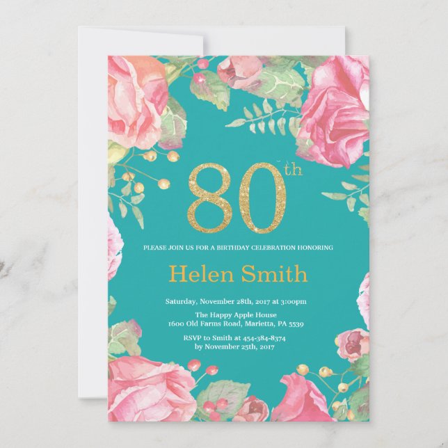 Convites 80 Floral Aniversário Dourado Glitter e Teal (Frente)