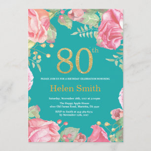 Convites 80 Floral Aniversário Dourado Glitter e Teal