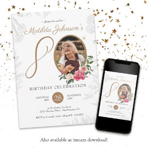 Convites 80 Floral Aniversário Foto Botânica Dourada Negra