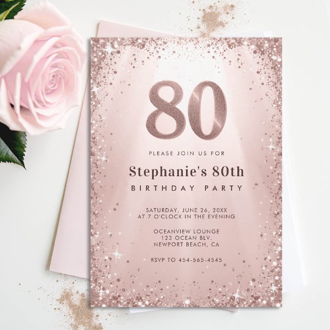 Convites 80 Glitter Glam Rosa Dourado Sparkles (80th birthday invitation for women glitter sparkle rose gold glam elegant stylish classy)