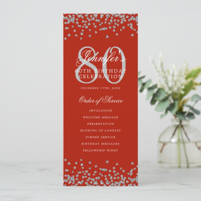 Convites 80 Programa de aniversário Menu Silver Confetti Ve (Em pé/Frente)