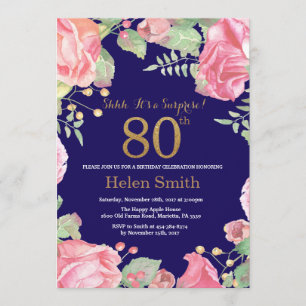 Convites 80 Surpresa Floral Azul-Brilho Dourado