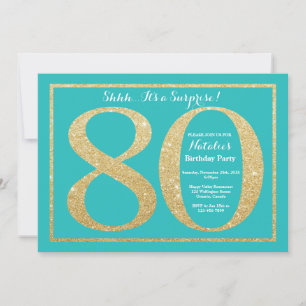 Convites 80 Surpresa - Teal de Aniversário e Brilho Dourad