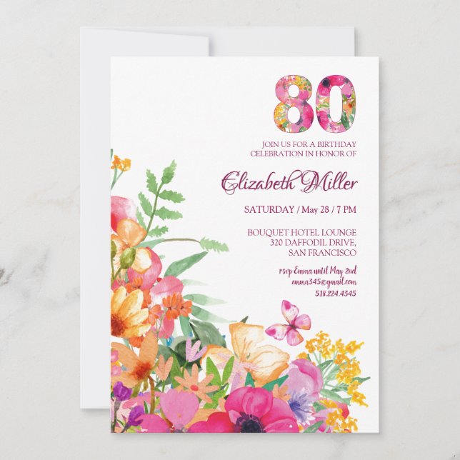 Convites 80 Years Flowers Butterflies 80th Birthday (Frente)