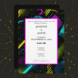 Convites 80s 90s Neon Retro Pattern Wedding Invitation