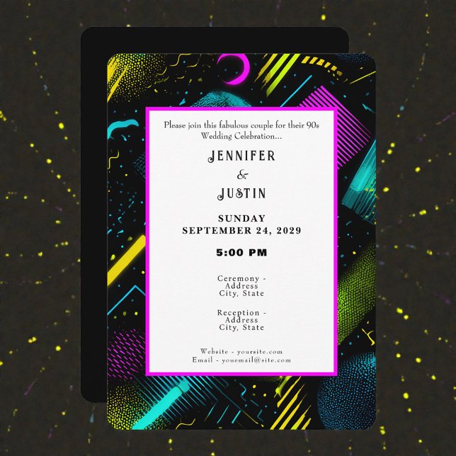 Convites 80s 90s Neon Retro Pattern Wedding Invitation (Criador carregado)