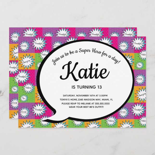 Convites 80s 90s Pink Comic Super Hero Joga De Volta (Frente/Verso)