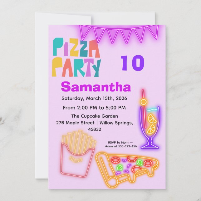 Convites 80s Pizza Party Invitation - Neon Arcade Theme (Frente)