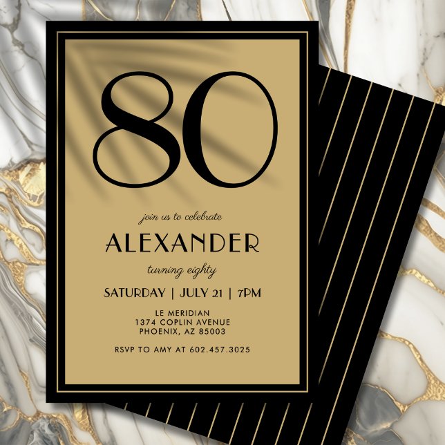 Convites 80th Birthday Adult Black and Gold Modern Minimal  (Celebrate your 80th in bold, sophisticated style with this chic design.)