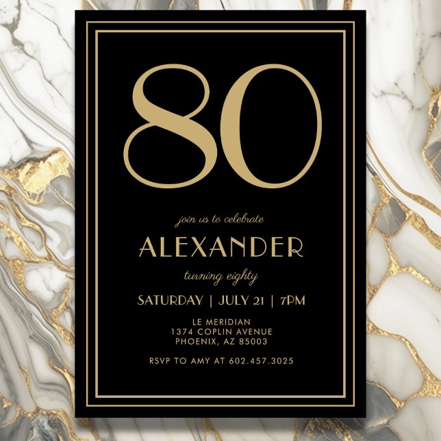 Convites 80th Birthday Black and Gold Modern Minimal Adult (Elegant black and gold 80th birthday invitation design for him or her.)