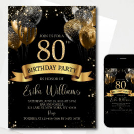 Convites 80th Birthday Invitation Template: Black Gold Ball