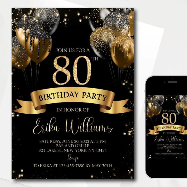 Convites 80th Birthday Invitation Template: Black Gold Ball (Criador carregado)