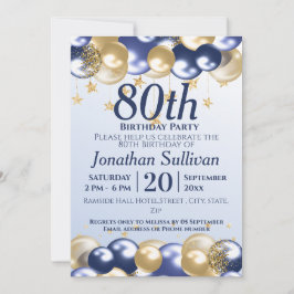 Convites 80th Birthday Navy Gold Balloons Party