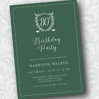 Convites 80th Birthday Party Golf Crest Elegant Script Sage
