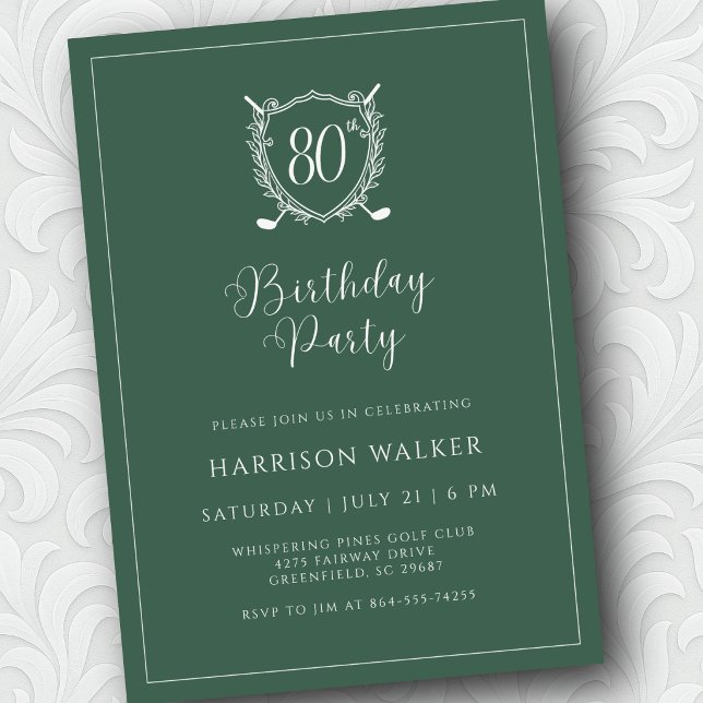 Convites 80th Birthday Party Golf Crest Elegant Script Sage (Script font adds just the right touch of elegance.)