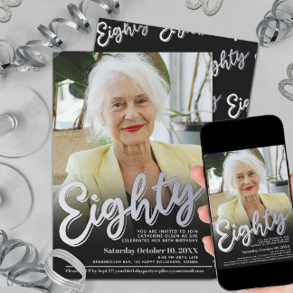 Convites 80th Birthday photo silver eighty script party