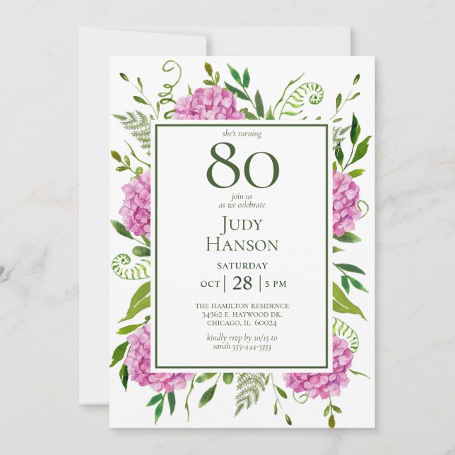 Convites 80th Birthday Pink Hydrangeas Card Request  (Frente)
