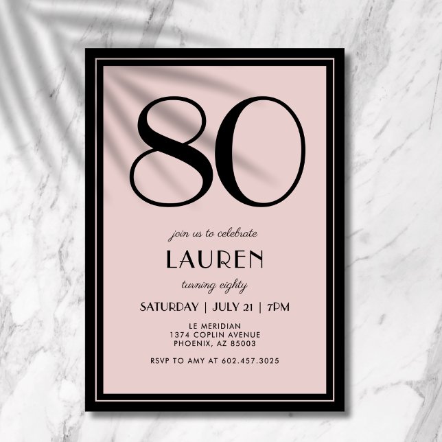 Convites 80th Birthday Women's Modern Minimal Black Pink (A chic black and pink invitation that blends modern minimal design with elegance.)