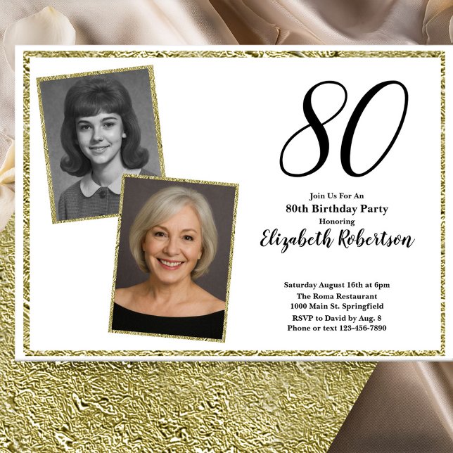 Convites 80th Custom Photo White and Gold  (Criador carregado)