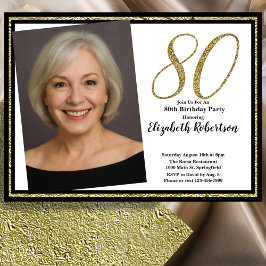 Convites 80th Custom Photo White Black and Gold 