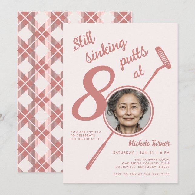 Convites 80th Golf Theme Birthday Party Photo Modern Pink (Frente/Verso)