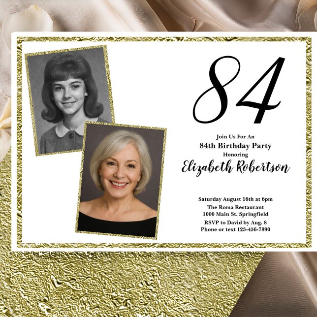 Convites 84º Foto Personalizada Branco e Dourado  (Criador carregado)
