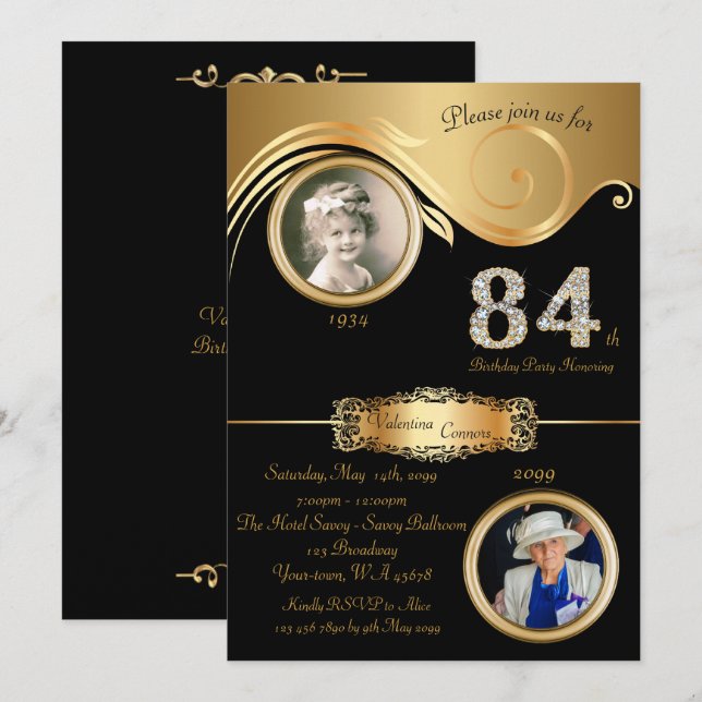 Convites 84.a,84.a mulher de aniversário,deco de arte elega (Frente/Verso)