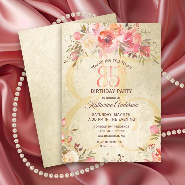 Convites 85.º Aniversário do Partido Shimmer Dourado Rosas  (Vintage 85th Birthday Party Invitation with pink roses and a gold shimmer background.)