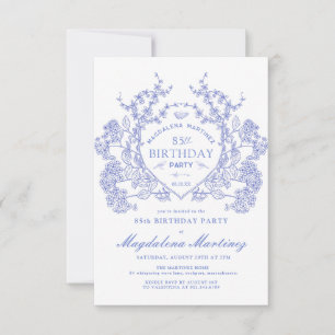 Convites 85. º aniversário Fresso Floral Azul Vintage em Fr