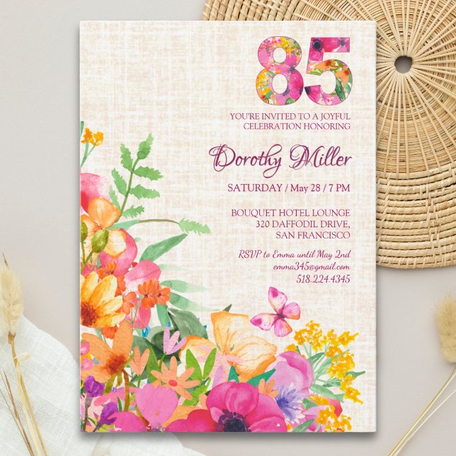 Convites 85 Anos Flores Floral Linho Aniversário de 85 anos (Criador carregado)
