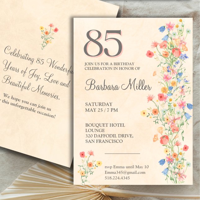 Convites 85th Birthday Invite - Floral Wildflowers Elegant (Criador carregado)