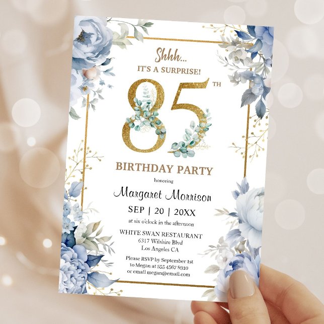 Convites 85th Birthday Party Elegant Dusty Blue Floral (Criador carregado)