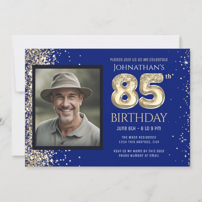 Convites 85th Birthday Party Gold Glitter Blue Photo Invita (Frente)