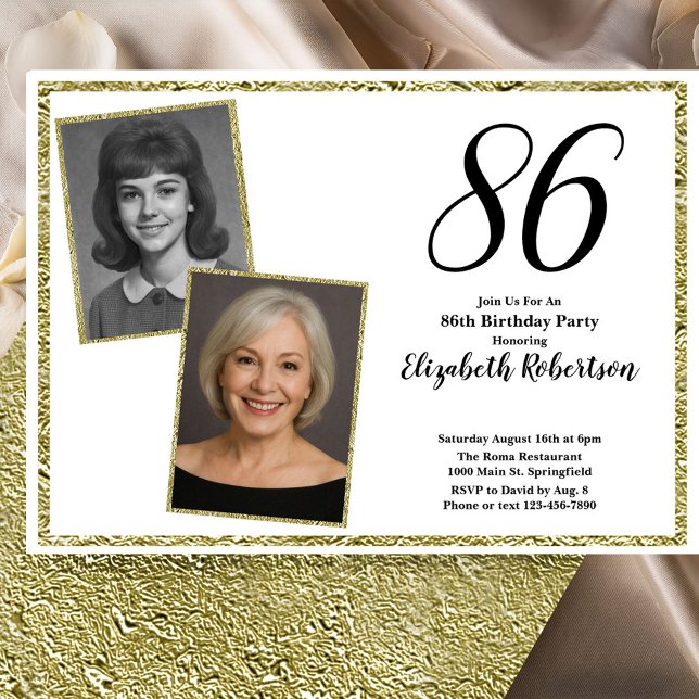 Convites 86º Personalizado Foto Branco e Dourado  (Criador carregado)