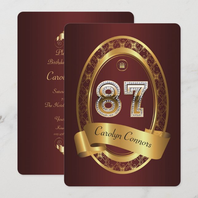 Convites 87º,festa de aniversário homem, elegante cor (Frente/Verso)