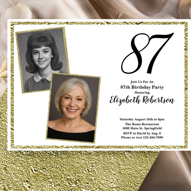 Convites 87º Foto Personalizada Branco e Dourado  (Criador carregado)