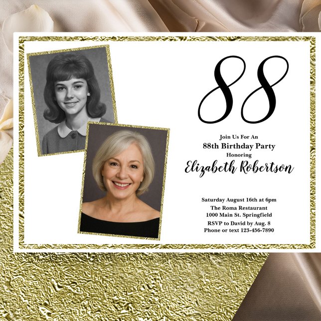 Convites 88º Personalizado Foto Branco e Dourado  (Criador carregado)