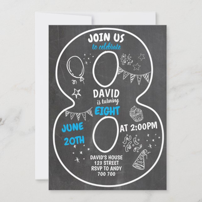 Convites 8.º Aniversário Menino Número Azul (Frente)