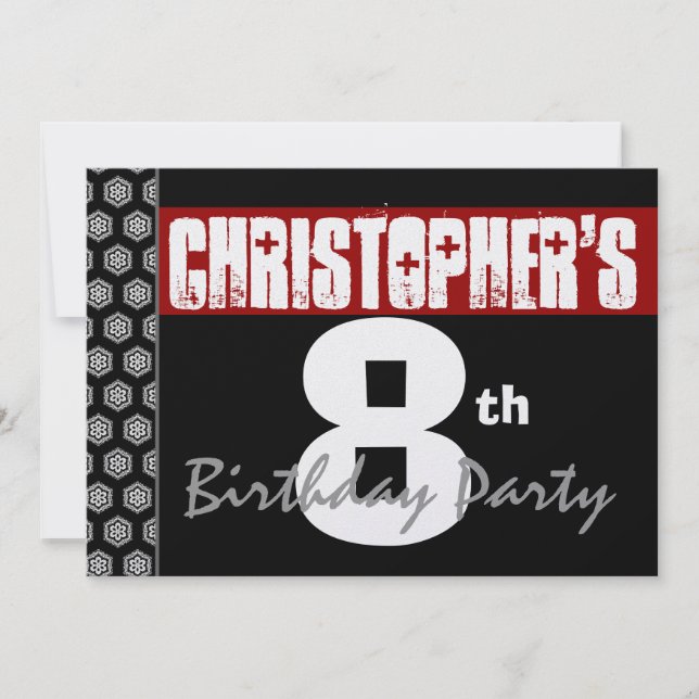 Convites 8.º aniversário Moderno para Ele Preto Branco Verm (Frente)