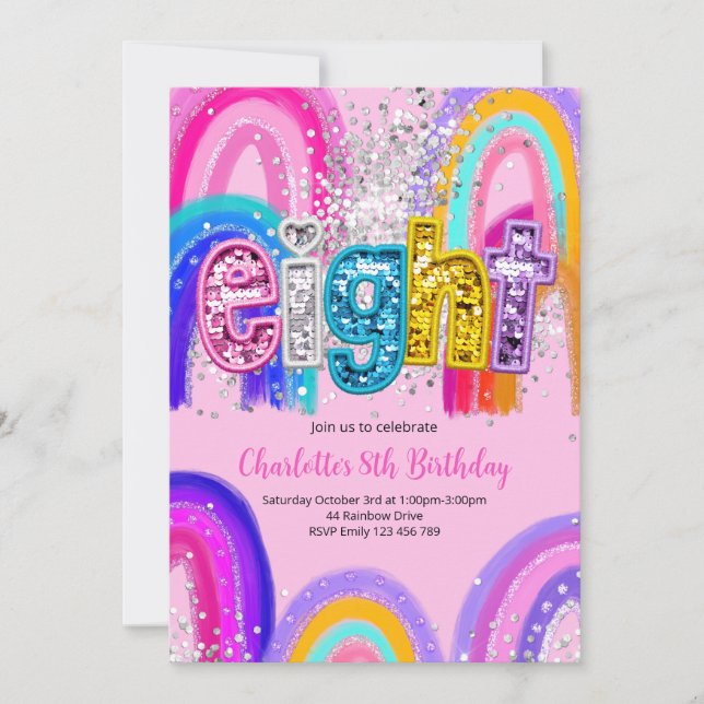 Convites 8th Birthday Sequin Rainbow Party Invitation (Frente)
