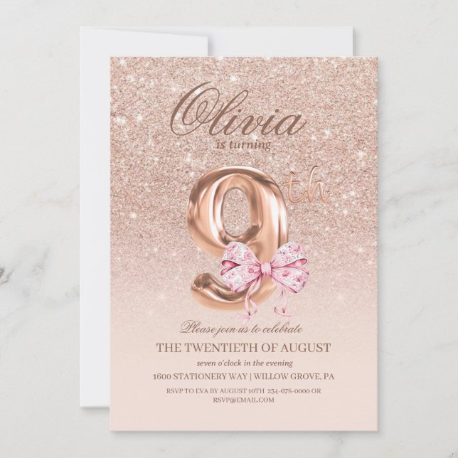 Convites 9º Aniversário Rosa cor-de-rosa Festa de aniversár (Frente)