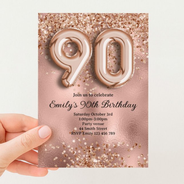 Convites 90º Aniversário Brilho Dourado Rosa (Criador carregado)