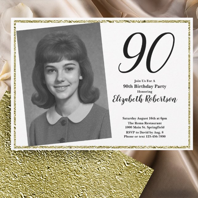Convites 90º Personalizado Foto Branco e Dourado  (Criador carregado)